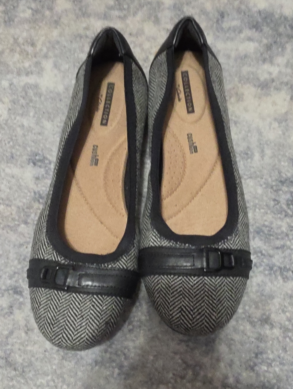 Clarks Herringbone Ballet Flats in Gray and Black Trim